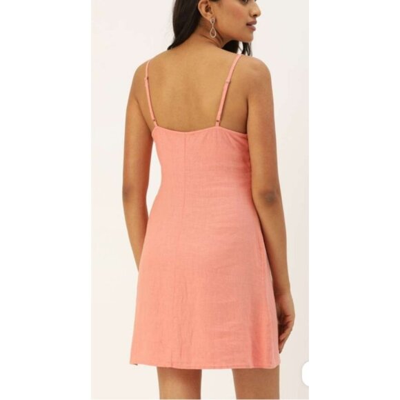 Forever 21 Womens Dress Sz M Coral Orange Button Front Mini Linen Blend Strappy - Picture 9 of 16